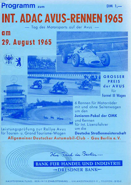 1965-08-29 | AVUS | AVUS-Rennplakate | avus event artwork | avus programme cover | avus poster | carsten riede