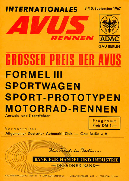 1967-09-10 | AVUS | AVUS-Rennplakate | avus event artwork | avus programme cover | avus poster | carsten riede