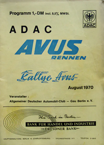 1970-08-30 | AVUS | AVUS-Rennplakate | avus event artwork | avus programme cover | avus poster | carsten riede