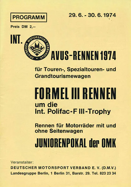 1974-06-30 | AVUS | AVUS-Rennplakate | avus event artwork | avus programme cover | avus poster | carsten riede