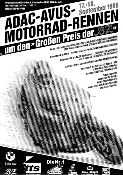 1988-09-18 | AVUS | AVUS-Rennplakate | avus event artwork | avus programme cover | avus poster | carsten riede