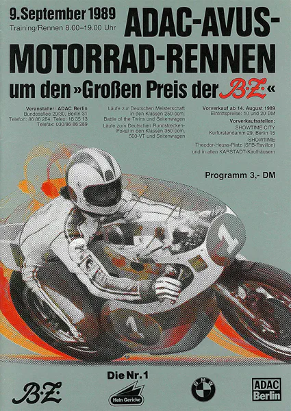 1989-09-09 | AVUS | AVUS-Rennplakate | avus event artwork | avus programme cover | avus poster | carsten riede