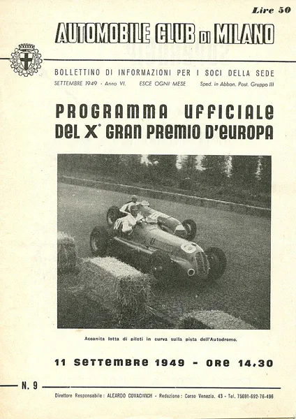 1949-09-11 | Gran Premio D`Italia | Monza | Formula 1 Event Artworks | formula 1 event artwork | formula 1 programme cover | formula 1 poster | carsten riede