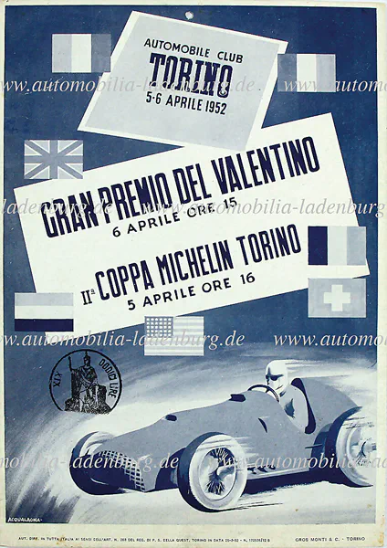 1952-04-06 | Gran Premio Del Valentino | Torino | Formula 1 Event Artworks | formula 1 event artwork | formula 1 programme cover | formula 1 poster | carsten riede