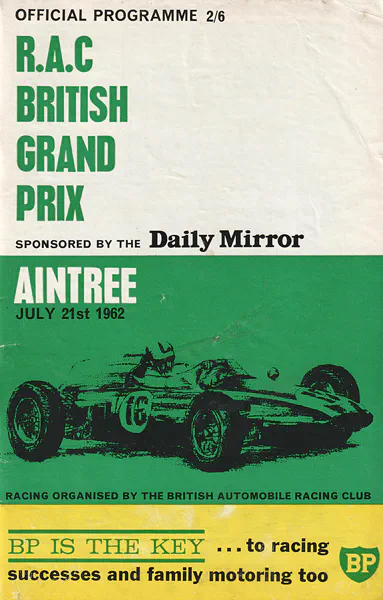 1962-07-21 | British Grand Prix | Aintree | Formula 1 Event Artworks | formula 1 event artwork | formula 1 programme cover | formula 1 poster | carsten riede