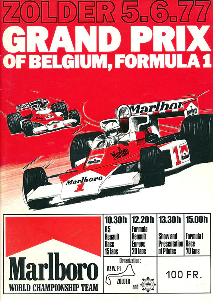 1977-06-05 | Grand Prix De Belgique | Zolder | Formula 1 Event Artworks | formula 1 event artwork | formula 1 programme cover | formula 1 poster | carsten riede