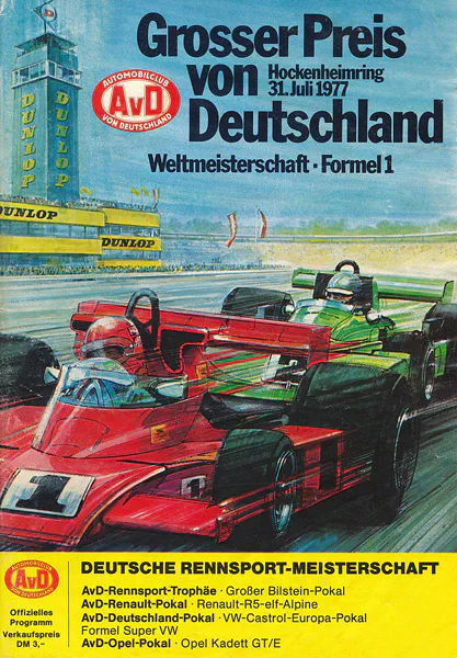 1977-07-31 | Grosser Preis von Deutschland | Hockenheim | Formula 1 Event Artworks | formula 1 event artwork | formula 1 programme cover | formula 1 poster | carsten riede