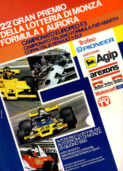 1980-06-29 | Gran Premio Della Lotteria Di Monza | Monza | Formula 1 Event Artworks | formula 1 event artwork | formula 1 programme cover | formula 1 poster | carsten riede