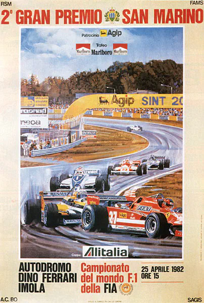 1982-04-25 | Gran Premio Di San Marino | Imola | Formula 1 Event Artworks | formula 1 event artwork | formula 1 programme cover | formula 1 poster | carsten riede