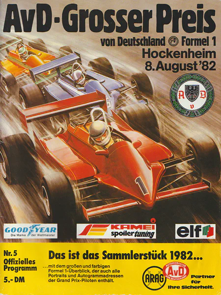 1982-08-08 | Grosser Preis von Deutschland | Hockenheim | Formula 1 Event Artworks | formula 1 event artwork | formula 1 programme cover | formula 1 poster | carsten riede