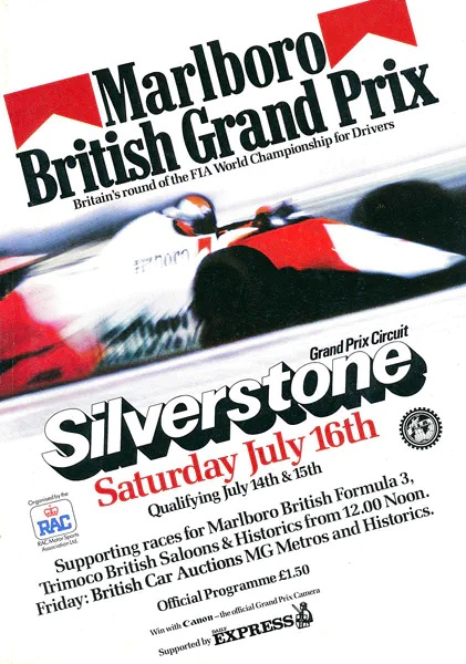 1983-07-16 | British Grand Prix | Silverstone | Formula 1 Event Artworks | formula 1 event artwork | formula 1 programme cover | formula 1 poster | carsten riede