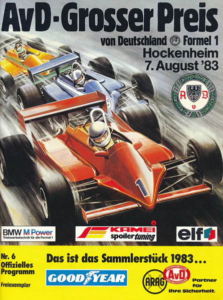 1983-08-07 | Grosser Preis von Deutschland | Hockenheim | Formula 1 Event Artworks | formula 1 event artwork | formula 1 programme cover | formula 1 poster | carsten riede