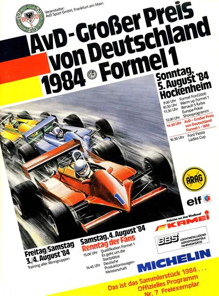 1984-08-05 | Grosser Preis von Deutschland | Hockenheim | Formula 1 Event Artworks | formula 1 event artwork | formula 1 programme cover | formula 1 poster | carsten riede