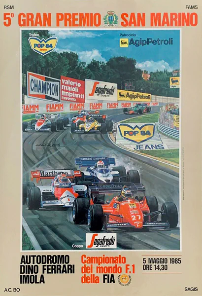 1985-05-05 | Gran Premio Di San Marino | Imola | Formula 1 Event Artworks | formula 1 event artwork | formula 1 programme cover | formula 1 poster | carsten riede