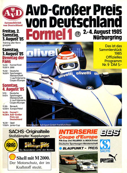 1985-08-04 | Grosser Preis von Deutschland | Nürburgring | Formula 1 Event Artworks | formula 1 event artwork | formula 1 programme cover | formula 1 poster | carsten riede