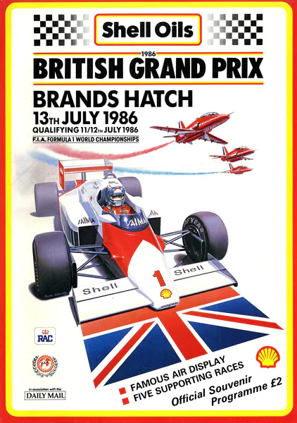1986-07-13 | British Grand Prix | Brands Hatch | Formula 1 Event Artworks | formula 1 event artwork | formula 1 programme cover | formula 1 poster | carsten riede