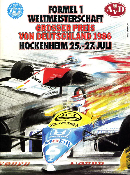 1986-07-27 | Grosser Preis von Deutschland | Hockenheim | Formula 1 Event Artworks | formula 1 event artwork | formula 1 programme cover | formula 1 poster | carsten riede