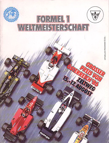 1986-08-17 | Grosser Preis von Österreich | Zeltweg | Formula 1 Event Artworks | formula 1 event artwork | formula 1 programme cover | formula 1 poster | carsten riede