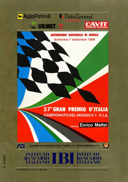 1986-09-07 | Gran Premio D`Italia | Monza | Formula 1 Event Artworks | formula 1 event artwork | formula 1 programme cover | formula 1 poster | carsten riede