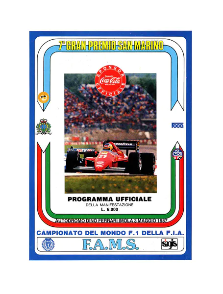 1987-05-03 | Gran Premio Di San Marino | Imola | Formula 1 Event Artworks | formula 1 event artwork | formula 1 programme cover | formula 1 poster | carsten riede