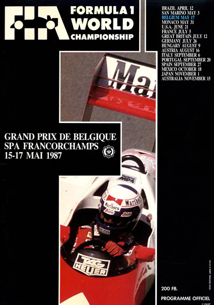1987-05-17 | Grand Prix De Belgique | Spa-Francorchamps | Formula 1 Event Artworks | formula 1 event artwork | formula 1 programme cover | formula 1 poster | carsten riede