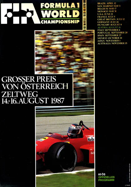 1987-08-16 | Grosser Preis von Österreich | Zeltweg | Formula 1 Event Artworks | formula 1 event artwork | formula 1 programme cover | formula 1 poster | carsten riede