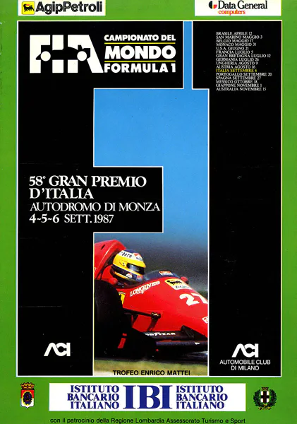 1987-09-06 | Gran Premio D`Italia | Monza | Formula 1 Event Artworks | formula 1 event artwork | formula 1 programme cover | formula 1 poster | carsten riede