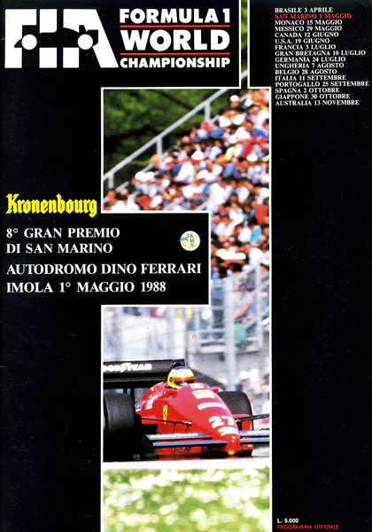 1988-05-01 | Gran Premio Di San Marino | Imola | Formula 1 Event Artworks | formula 1 event artwork | formula 1 programme cover | formula 1 poster | carsten riede