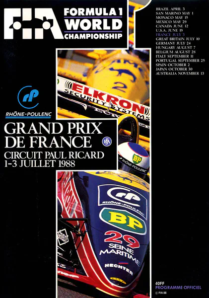 1988-07-03 | Grand Prix De France | Le Castellet | Formula 1 Event Artworks | formula 1 event artwork | formula 1 programme cover | formula 1 poster | carsten riede