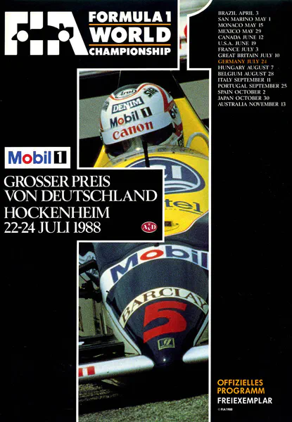 1988-07-24 | Grosser Preis von Deutschland | Hockenheim | Formula 1 Event Artworks | formula 1 event artwork | formula 1 programme cover | formula 1 poster | carsten riede