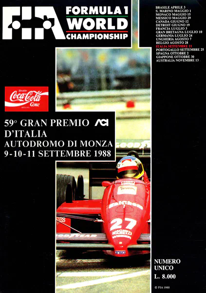 1988-09-11 | Gran Premio D`Italia | Monza | Formula 1 Event Artworks | formula 1 event artwork | formula 1 programme cover | formula 1 poster | carsten riede