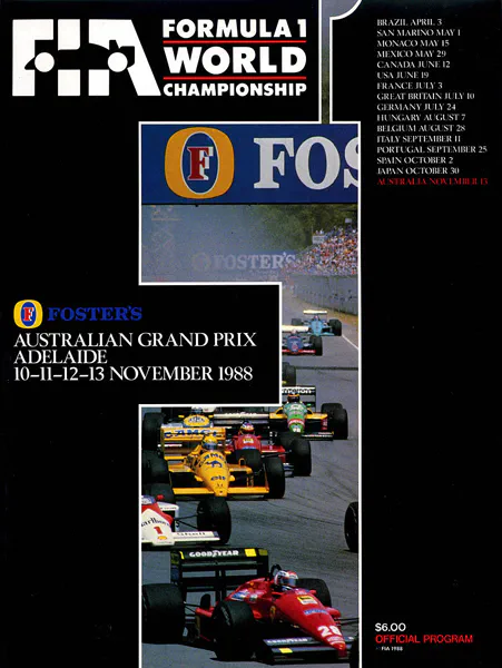 1988-11-13 | Australian Grand Prix | Adelaide | Formula 1 Event Artworks | formula 1 event artwork | formula 1 programme cover | formula 1 poster | carsten riede