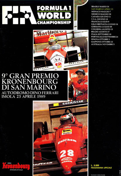 1989-04-23 | Gran Premio Di San Marino | Imola | Formula 1 Event Artworks | formula 1 event artwork | formula 1 programme cover | formula 1 poster | carsten riede