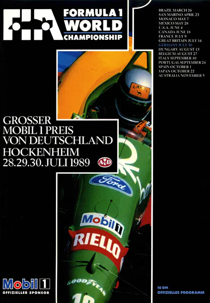 1989-07-30 | Grosser Preis von Deutschland | Hockenheim | Formula 1 Event Artworks | formula 1 event artwork | formula 1 programme cover | formula 1 poster | carsten riede
