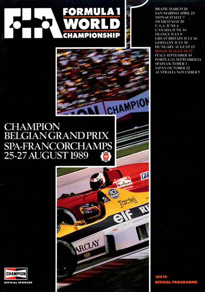 1989-08-27 | Grand Prix De Belgique | Spa-Francorchamps | Formula 1 Event Artworks | formula 1 event artwork | formula 1 programme cover | formula 1 poster | carsten riede