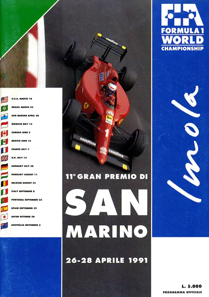 1991-04-28 | Gran Premio Di San Marino | Imola | Formula 1 Event Artworks | formula 1 event artwork | formula 1 programme cover | formula 1 poster | carsten riede