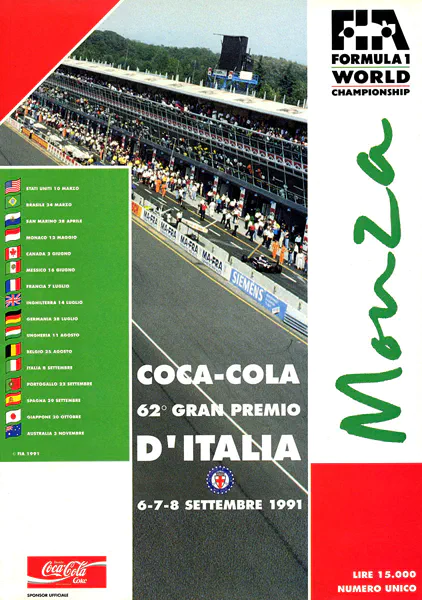 1991-09-08 | Gran Premio D`Italia | Monza | Formula 1 Event Artworks | formula 1 event artwork | formula 1 programme cover | formula 1 poster | carsten riede