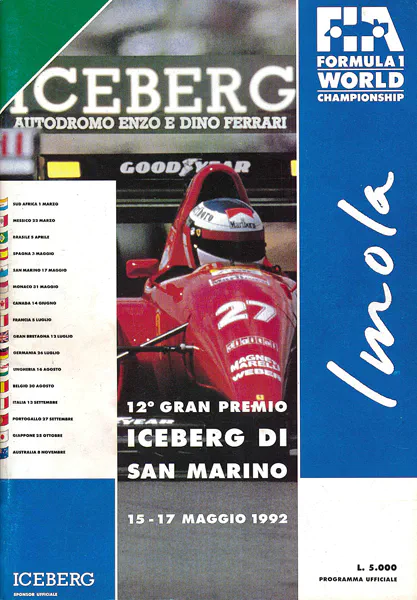1992-05-17 | Gran Premio Di San Marino | Imola | Formula 1 Event Artworks | formula 1 event artwork | formula 1 programme cover | formula 1 poster | carsten riede