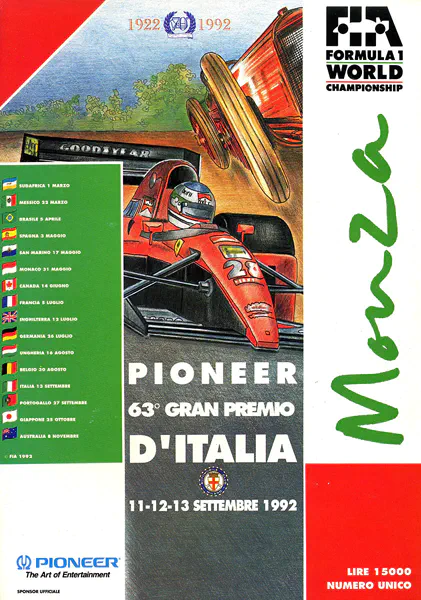 1992-09-13 | Gran Premio D`Italia | Monza | Formula 1 Event Artworks | formula 1 event artwork | formula 1 programme cover | formula 1 poster | carsten riede