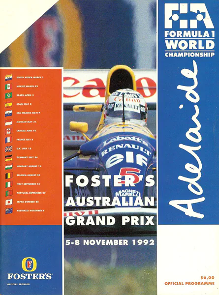 1992-11-08 | Australian Grand Prix | Adelaide | Formula 1 Event Artworks | formula 1 event artwork | formula 1 programme cover | formula 1 poster | carsten riede