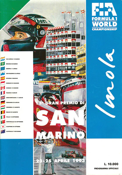 1993-04-25 | Gran Premio Di San Marino | Imola | Formula 1 Event Artworks | formula 1 event artwork | formula 1 programme cover | formula 1 poster | carsten riede