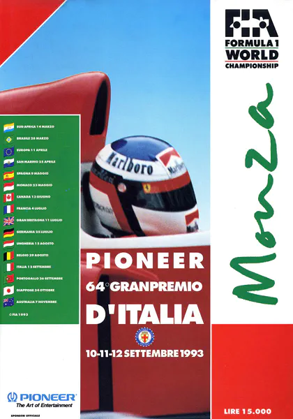 1993-09-12 | Gran Premio D`Italia | Monza | Formula 1 Event Artworks | formula 1 event artwork | formula 1 programme cover | formula 1 poster | carsten riede