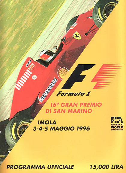 1996-05-05 | Gran Premio Di San Marino | Imola | Formula 1 Event Artworks | formula 1 event artwork | formula 1 programme cover | formula 1 poster | carsten riede